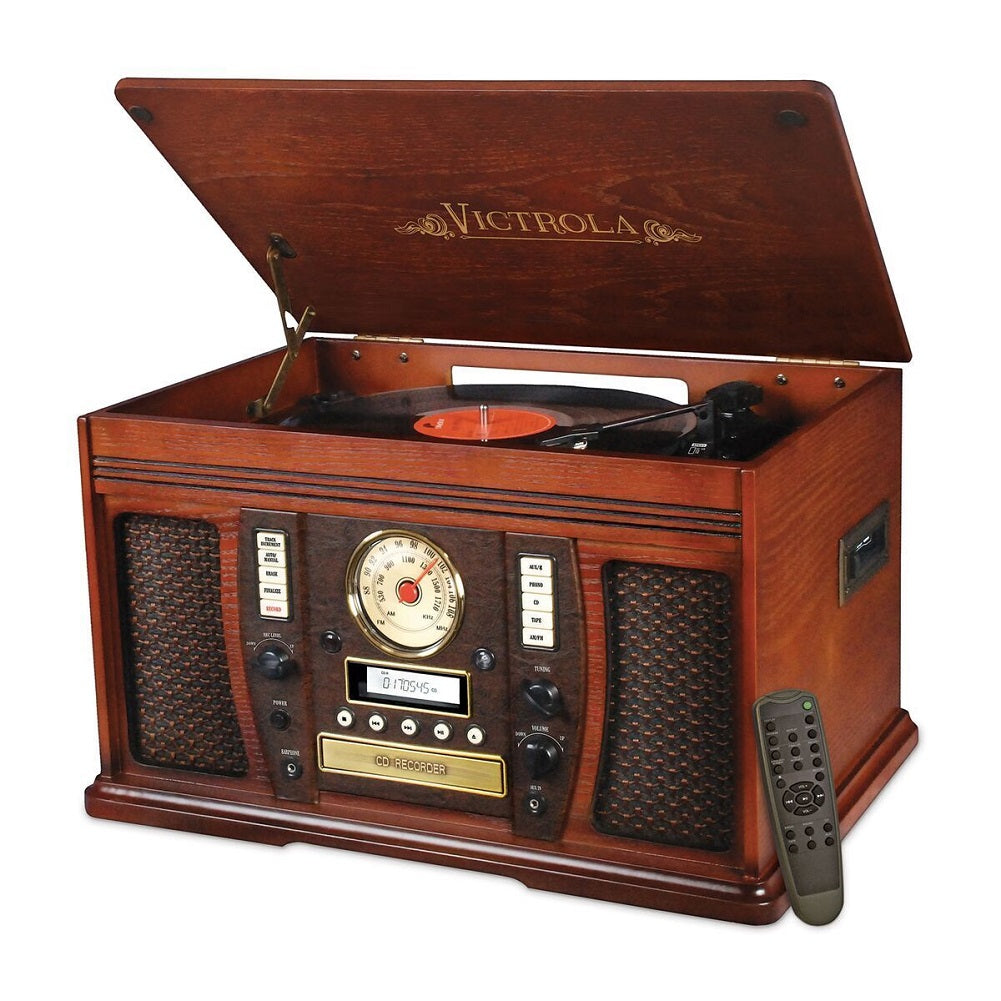 Victrola Nostalgic Aviator Wood 7-in-1 Bluetooth Turntable Entertainment Center, Mahogany