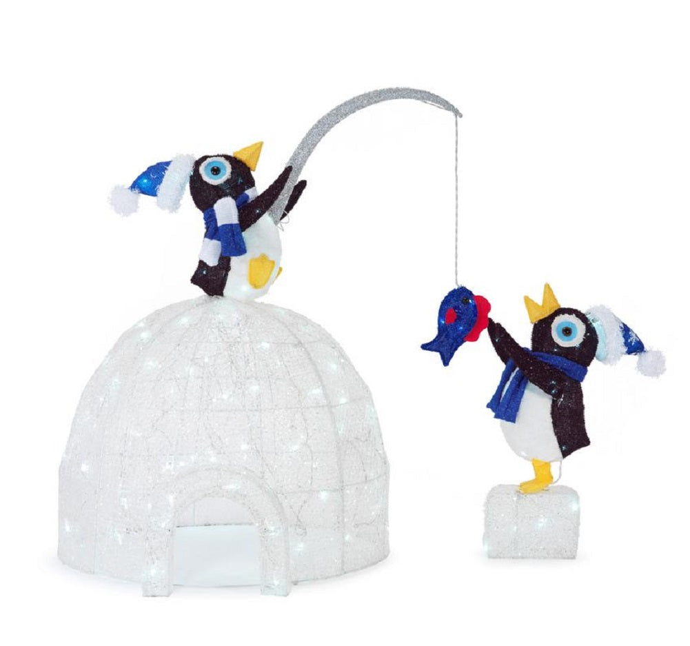 Home Accents Holiday 4' LED Lighted Tinsel & Acrylic Igloo with Fishing Penguins
